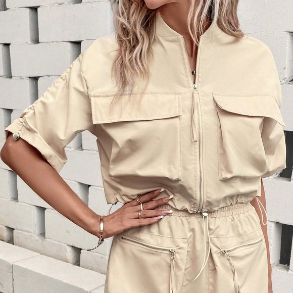 Khaki Casual Womens Flap Pocket Drawstring Hem Jacket & Skirt - Picture 5 of 5